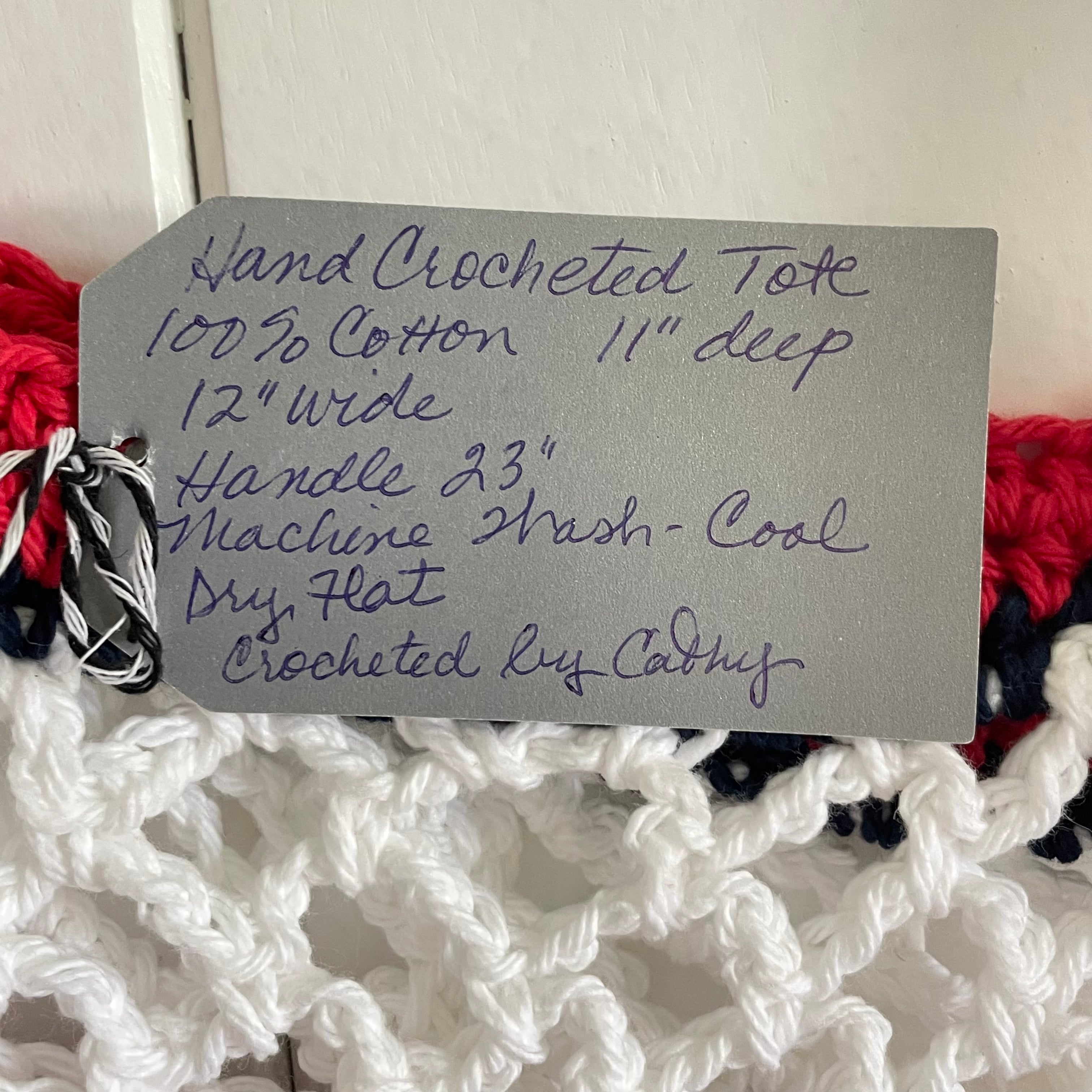 Navy Blue White Red Bottom Tote Bag Purse Cotton Reusable Boho Multicolor Hand Crocheted Knit Coastal Resort Beach