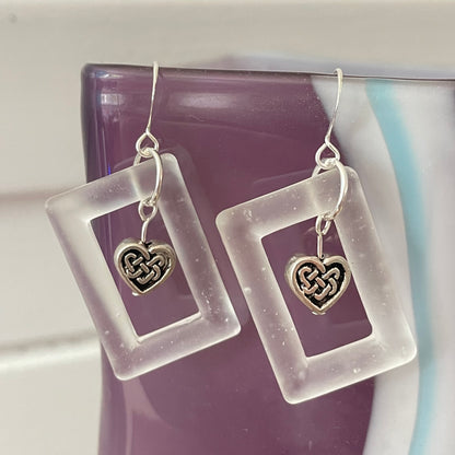Frosted White Glass Rectangle & Mixed Metal Heart Dangle Earrings 2” Geometric Love