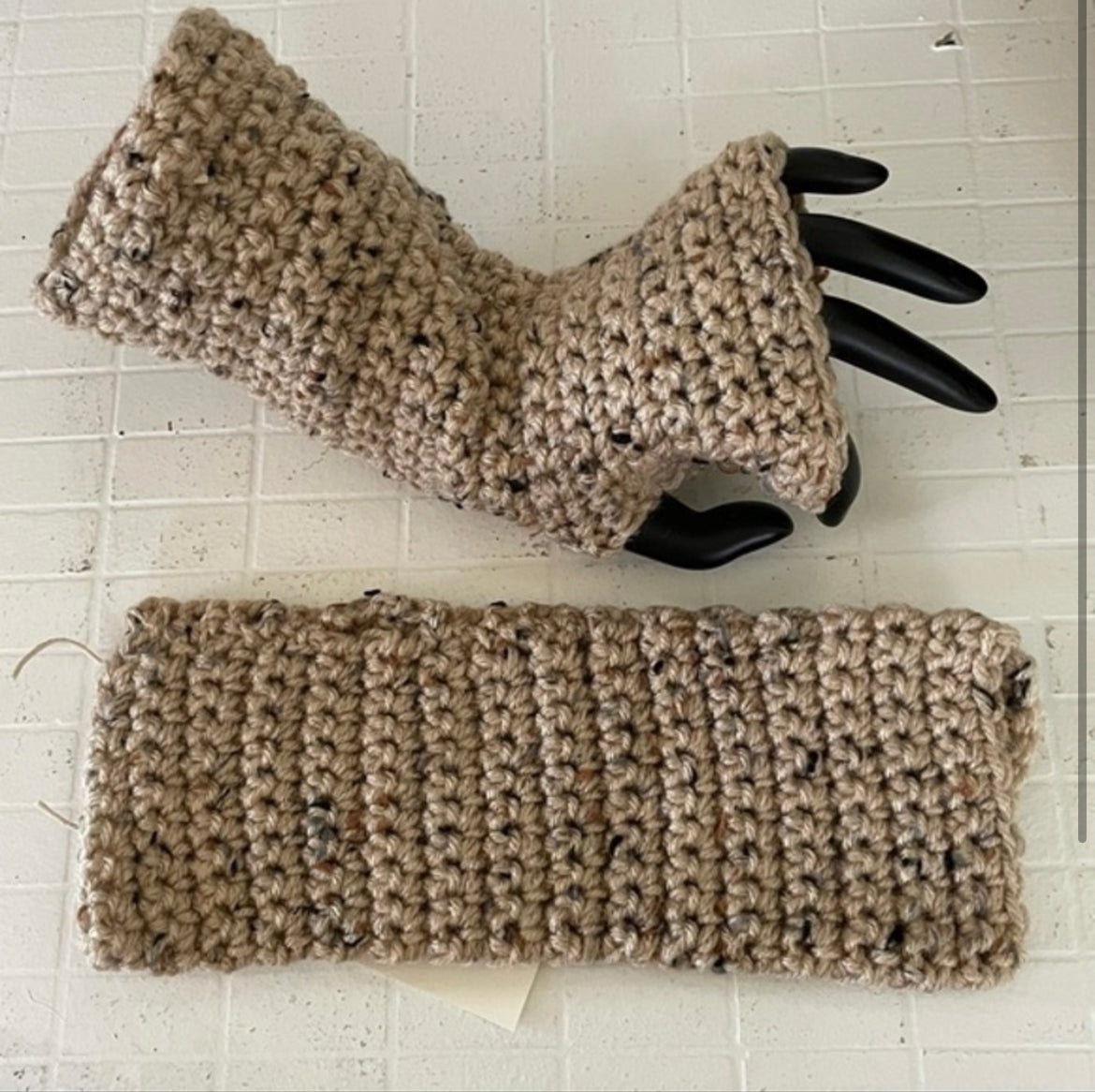 Texting Tech Wrist Warmers Dark Speckled Wheat Tweed Crochet Knit Spring Fall Winter Writing Gaming Fingerless Gloves