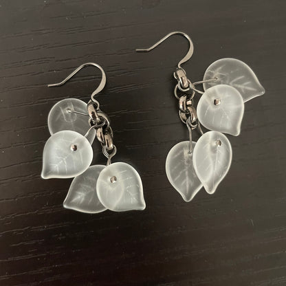 Frosted White Glass Leaf & Chunky Gunmetal Chain Earrings 2.25" Spring Summer