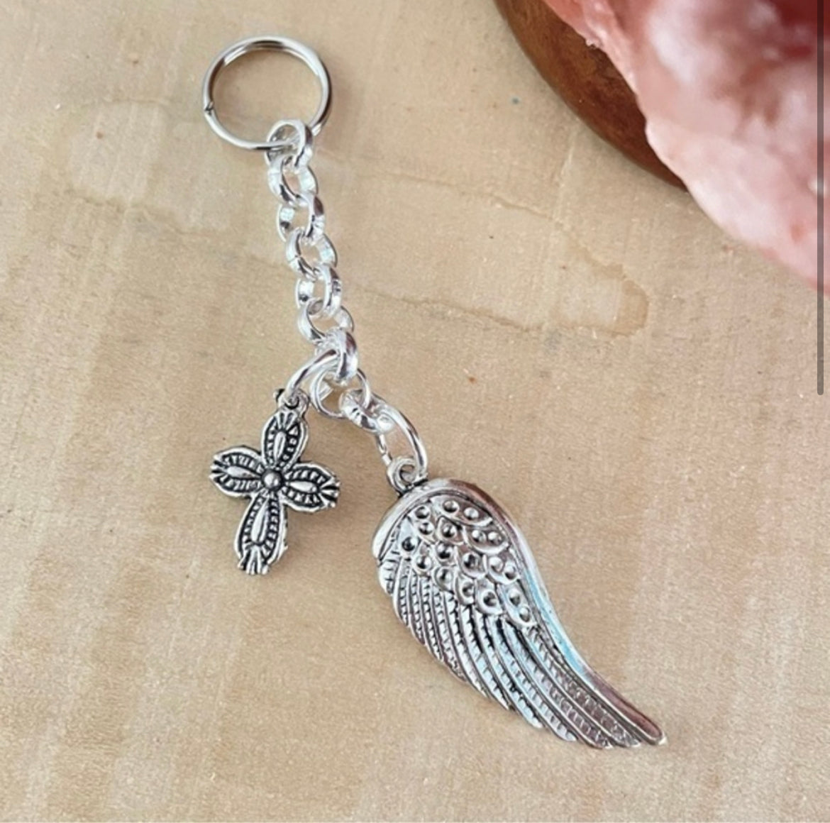 Medium Cross & Angel Wing Keychain 3.25”