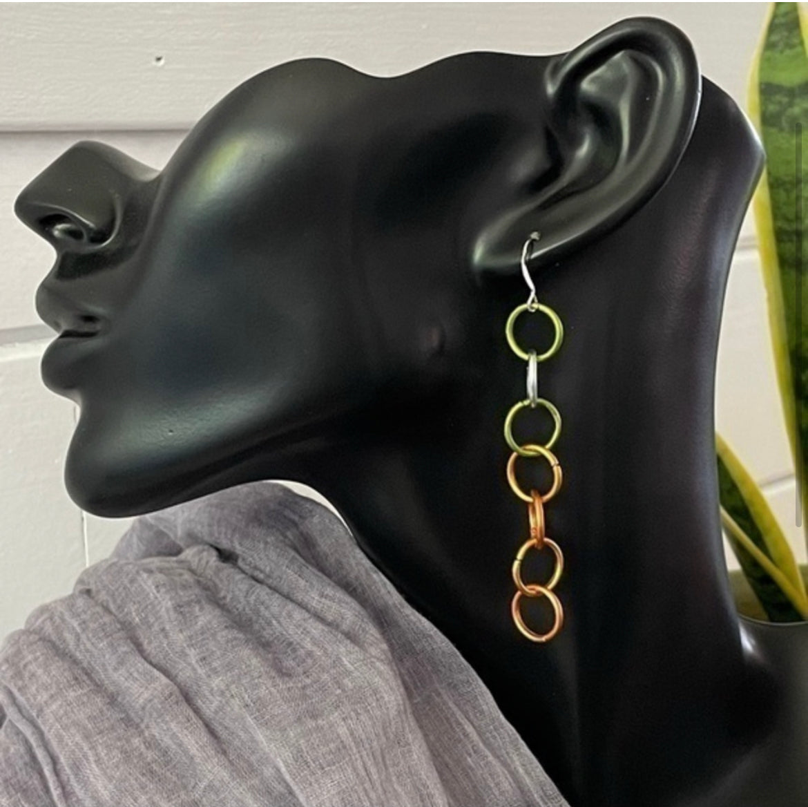 Multicolor Chain Link Earrings 3.12” Lightweight Mixed Metal Green Orange Minimalist