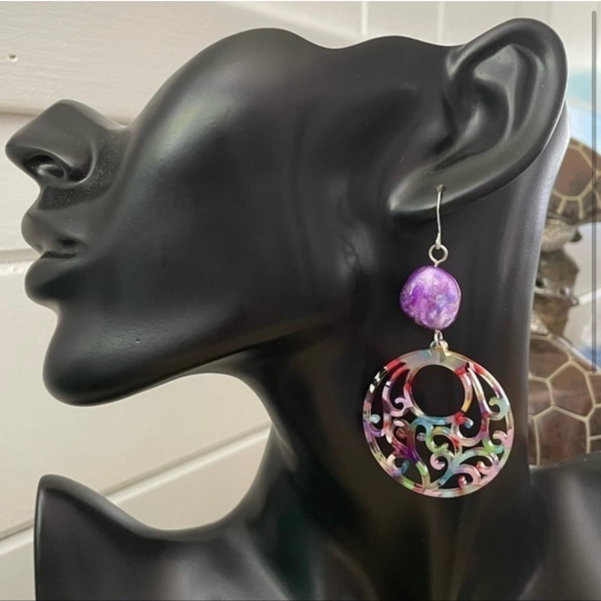 Rainbow Acrylic Hoop Earrings Purple Shell Accent 3" Colorful Pride