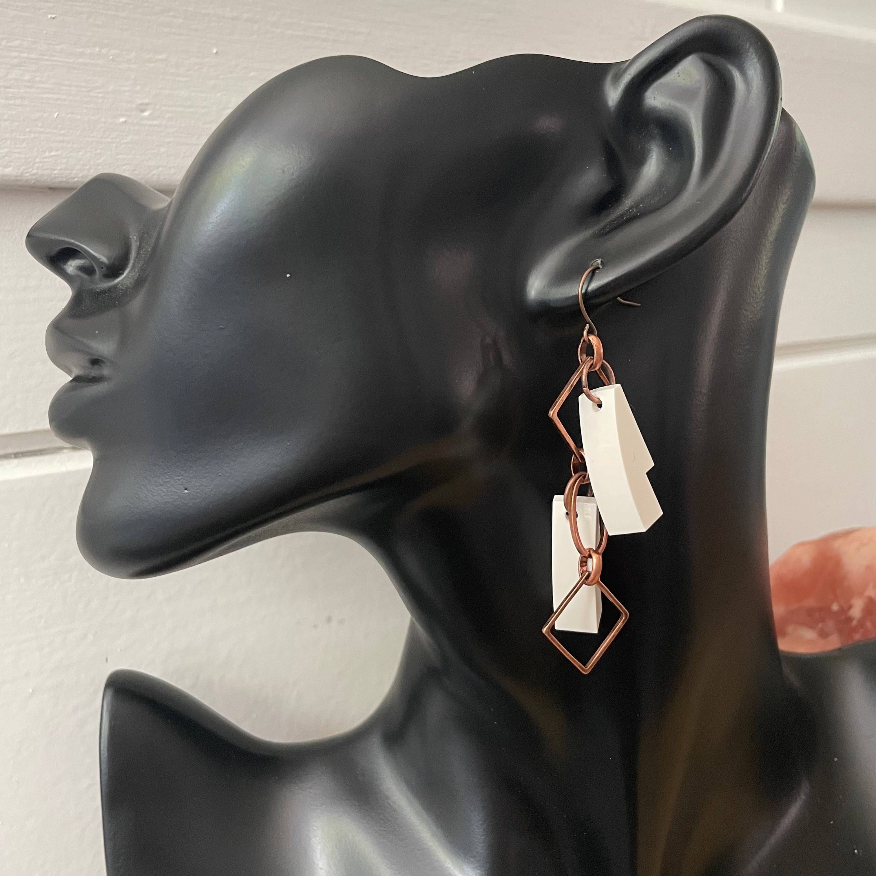 Large Geometric Copper Link Chain & White Building Block Earrings 2.75" Repurposed Upcycled Abstract