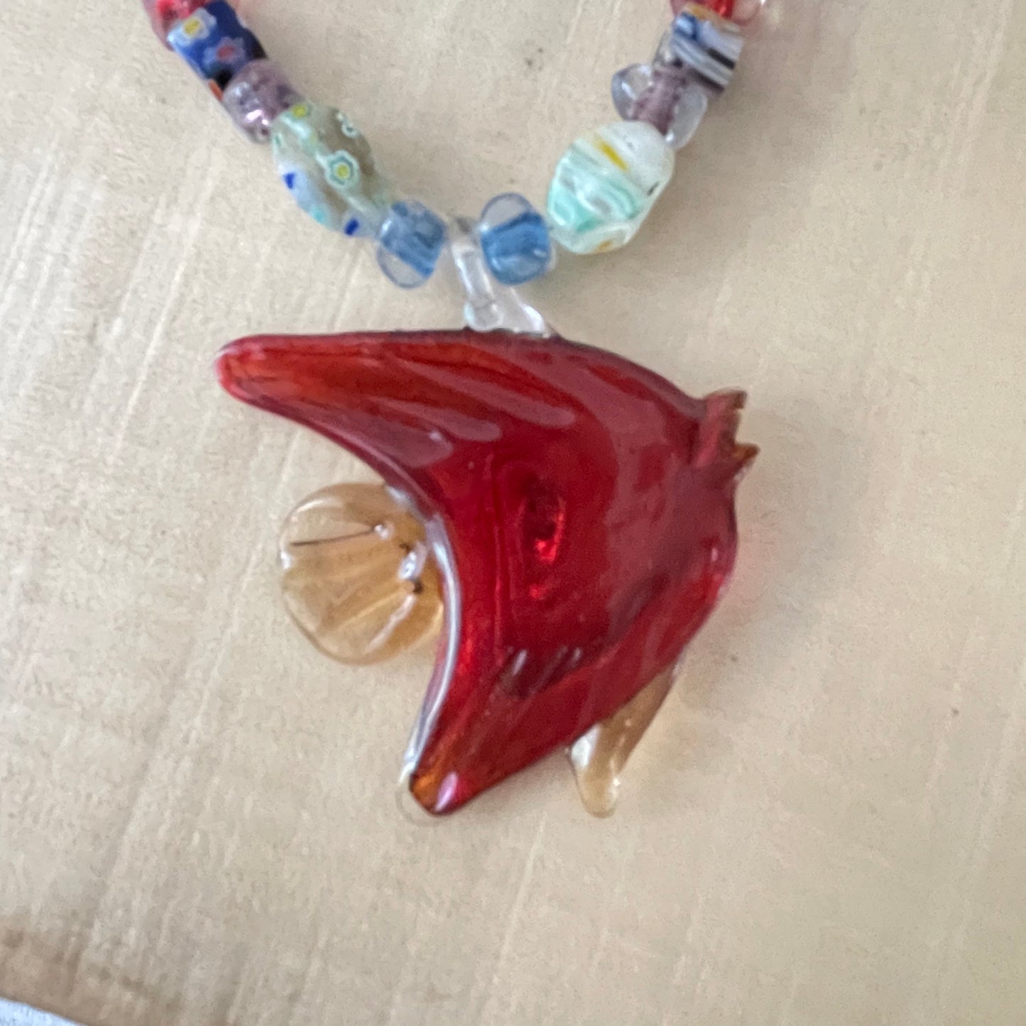 Colorful Glass Fish & Chunky Millefiori Bead Necklace 20.5" Coastal Bold Ocean