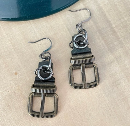 Mixed Metal Mini Belt Buckle Earrings 2.25" Gunmetal Brass Steampunk Punk