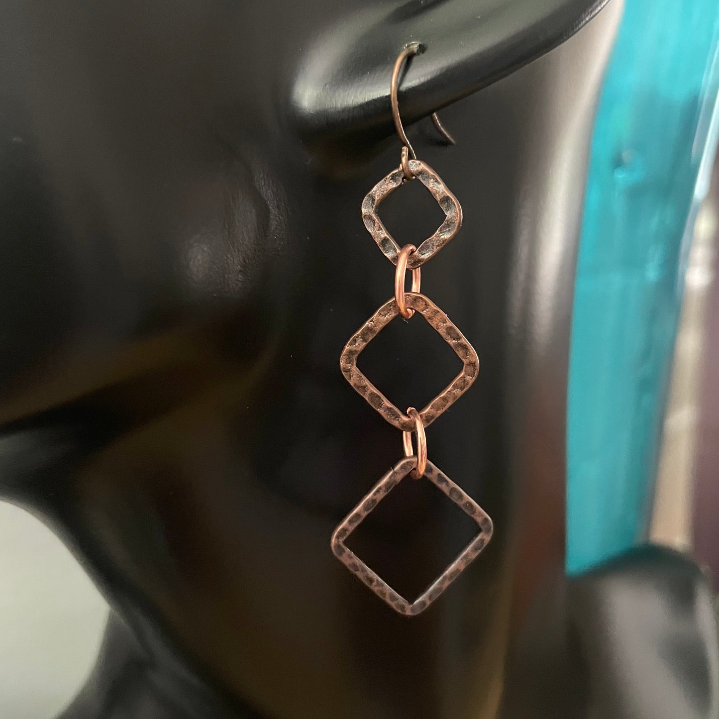Geometric Hammered Copper Dangle Earrings 2.25” Long Textured Minimalist