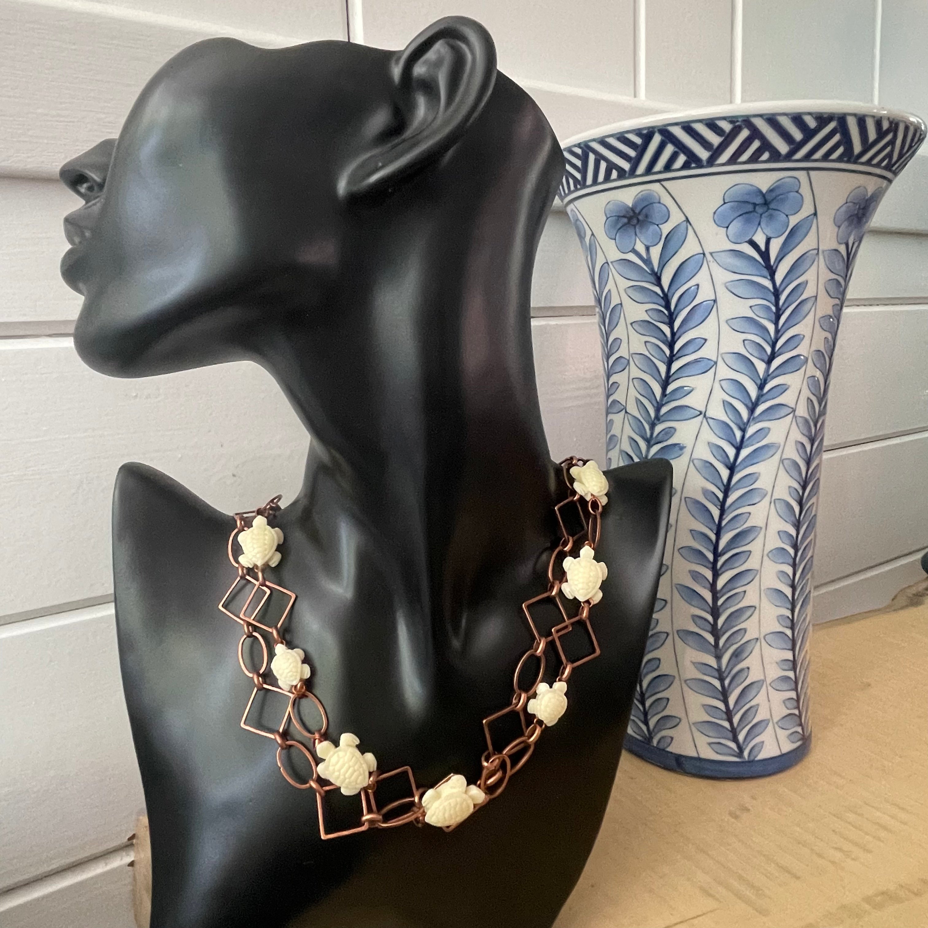 Layered Geometric Copper Chain & Ivory Turtle Necklace 27" Coastal Statement Large Link