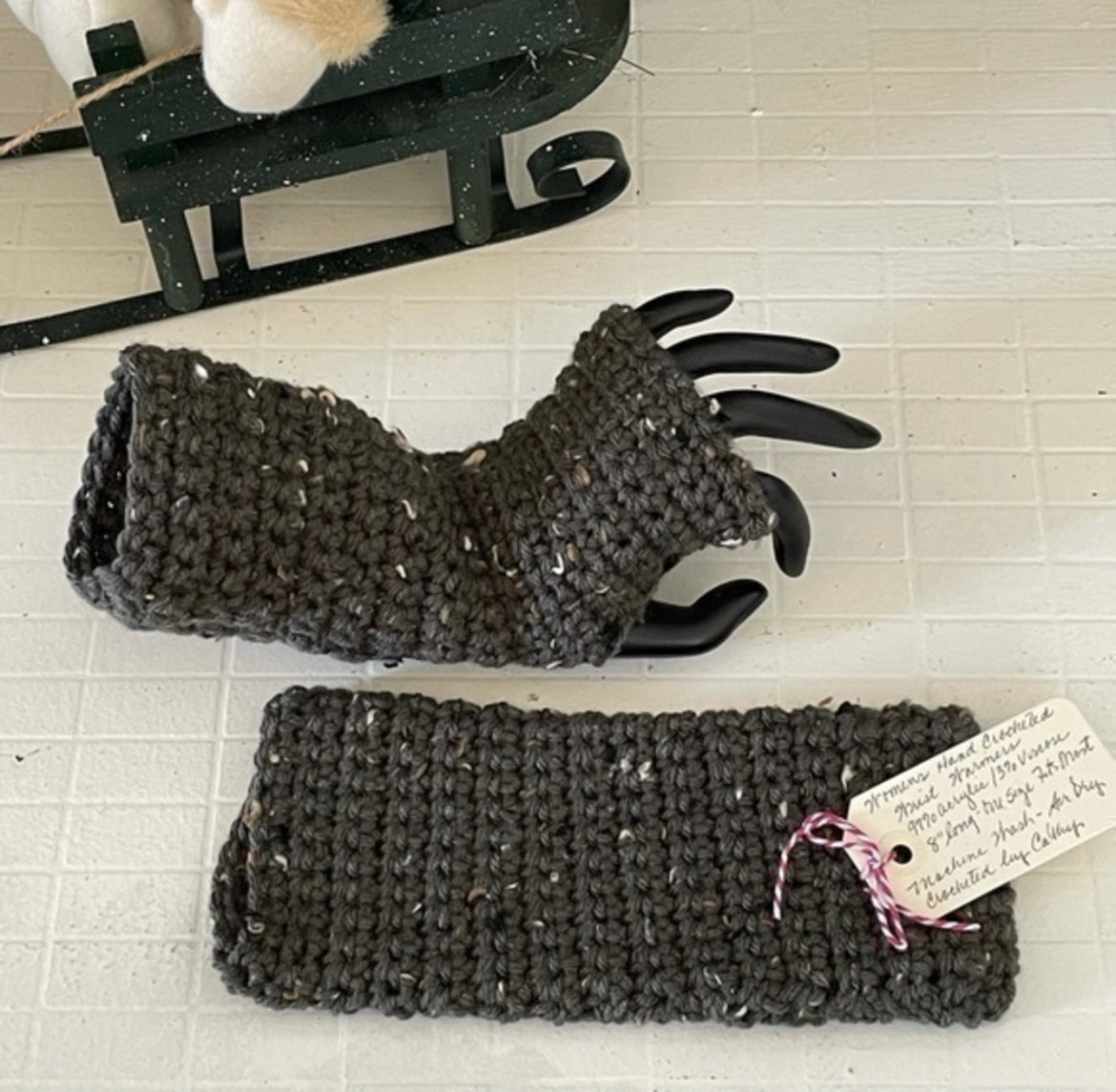 Texting Tech Wrist Warmers Charcoal Green Gray Speckled Tweed Crochet Knit Fall Winter Writing Gaming Fingerless Gloves