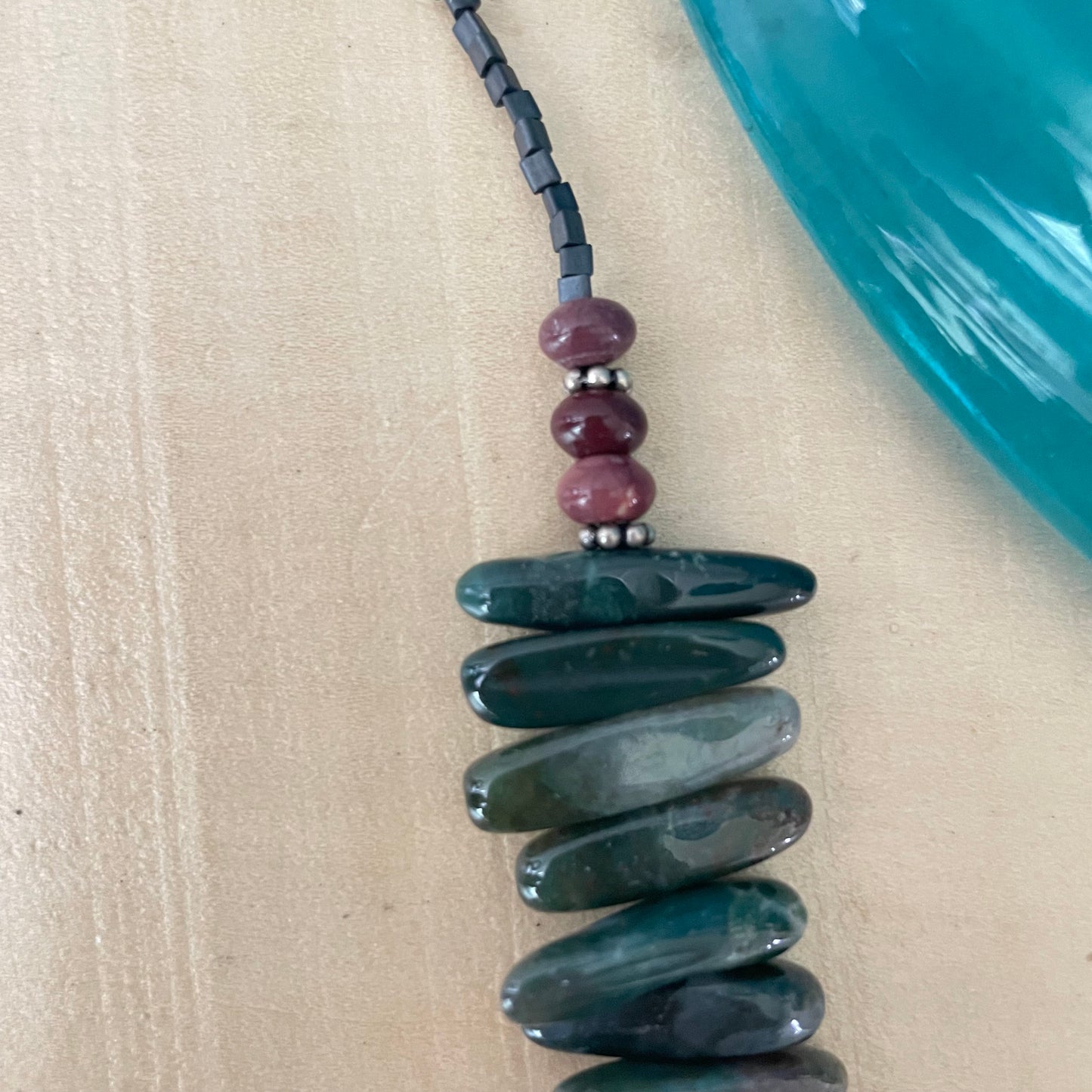 Swirling Agate & Feather Pendant Necklace 19" Jasper Coral Southwest Western Mixed Metal Wire Wrapped