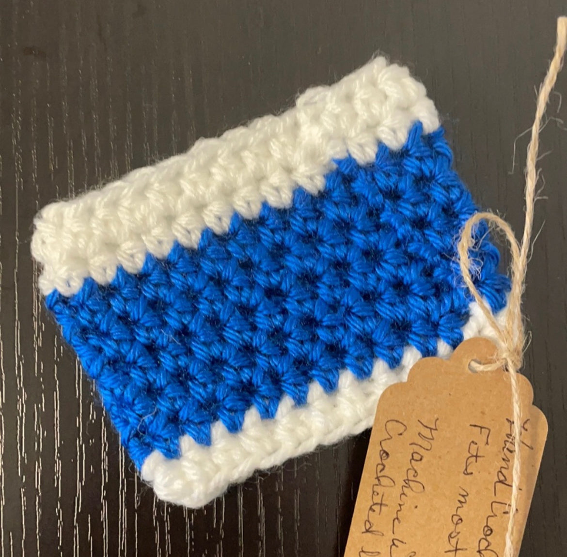 Blue & White Trim Single Cup Coffee Tea Cozy Crochet Drink Sleeve Reusable Recycle Koozie Accessory