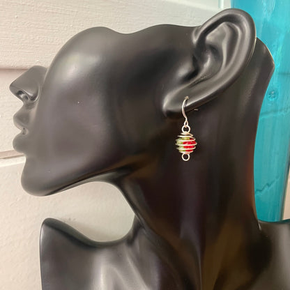 Wire Sphere & Multicolor Mini Glass Bead Earrings 1.25" Red Green Lightweight Casual Dainty Delicate