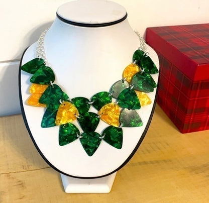 Layered Guitar Pick Statement Necklace Green Gold Punk Goth Rock Upcycle Repurposed