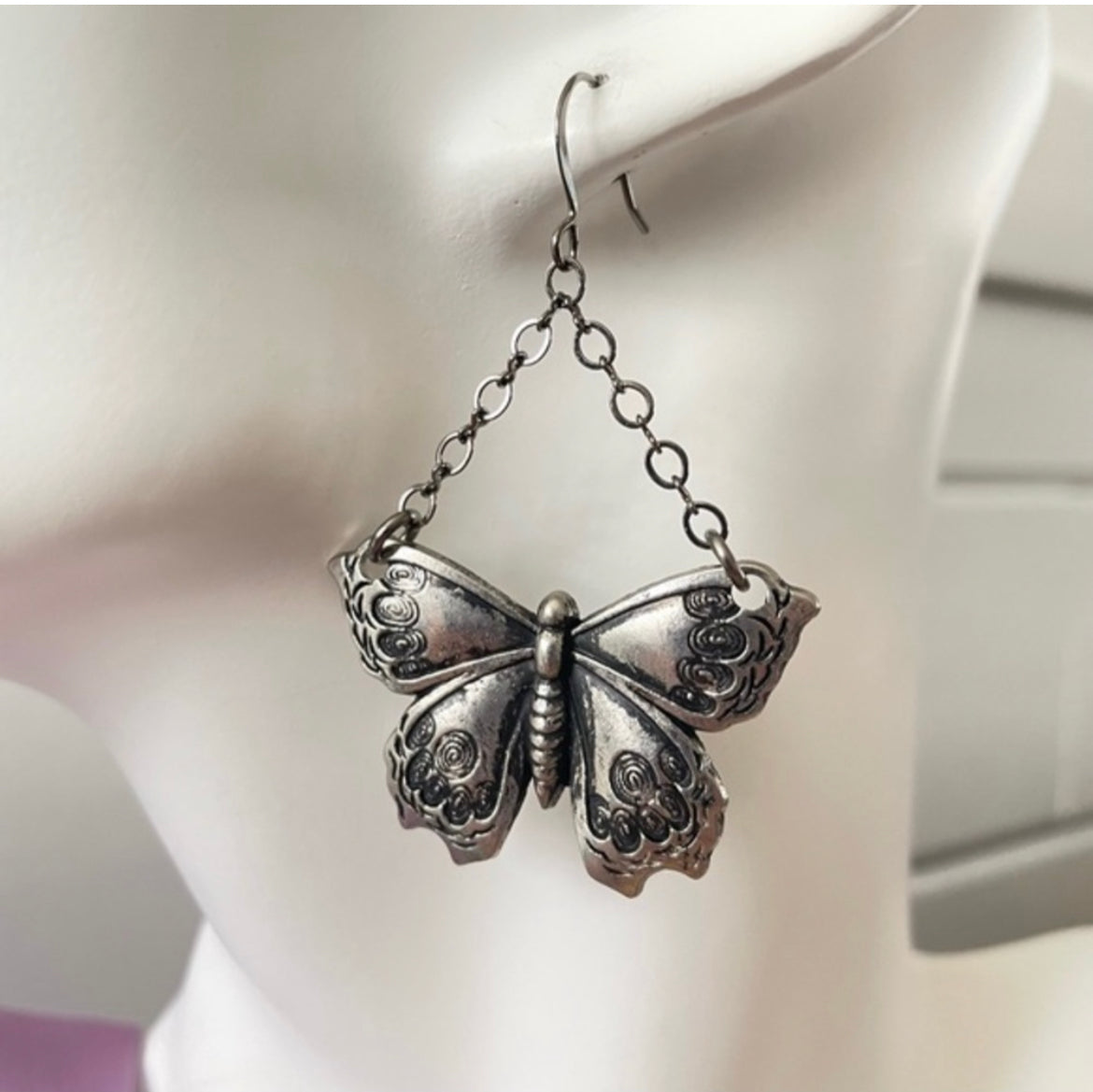 Mixed Metal Dangling Butterfly Statement Earrings 2.25" Asymmetrical Spring Summer