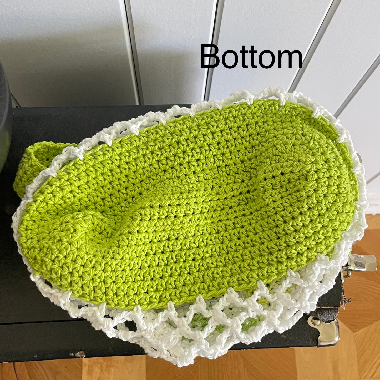 Green & White Tote Shoulder Bag Purse Cotton Reusable Boho Multicolor Hand Crocheted Knit