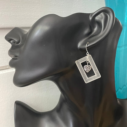 Frosted White Glass Rectangle & Mixed Metal Heart Dangle Earrings 2” Geometric Love