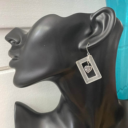 Frosted White Glass Rectangle & Mixed Metal Heart Dangle Earrings 2” Geometric Love