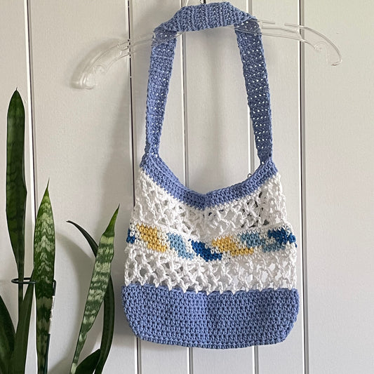 Ocean Vibes Blue White Yellow Tote Bag Purse Cotton Reusable Boho Multicolor Hand Crocheted Knit Coastal Resort
