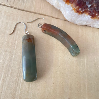 Long Marbled Jasper Dangle Earrings 2" Green & Orange Fall Colors Women Gift Everyday Fashion Handmade Jewelry