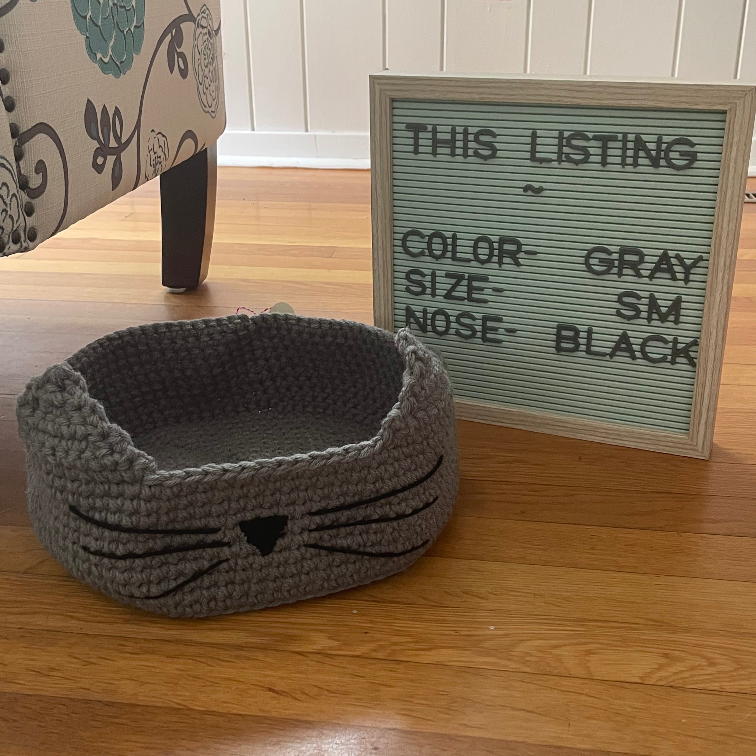Small Cat Bed in Gray & Black Nose 11.5" Hand Crocheted Pet Furbaby Gift Cat Mom Dad