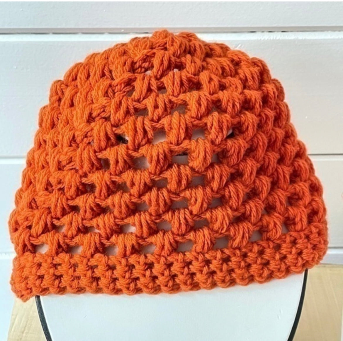 Rust Orange Messy Bun Ponytail Hat Open Puffy Stitch Hand Crochet Knit Outdoor Walking Hiking Active Athletes Winter