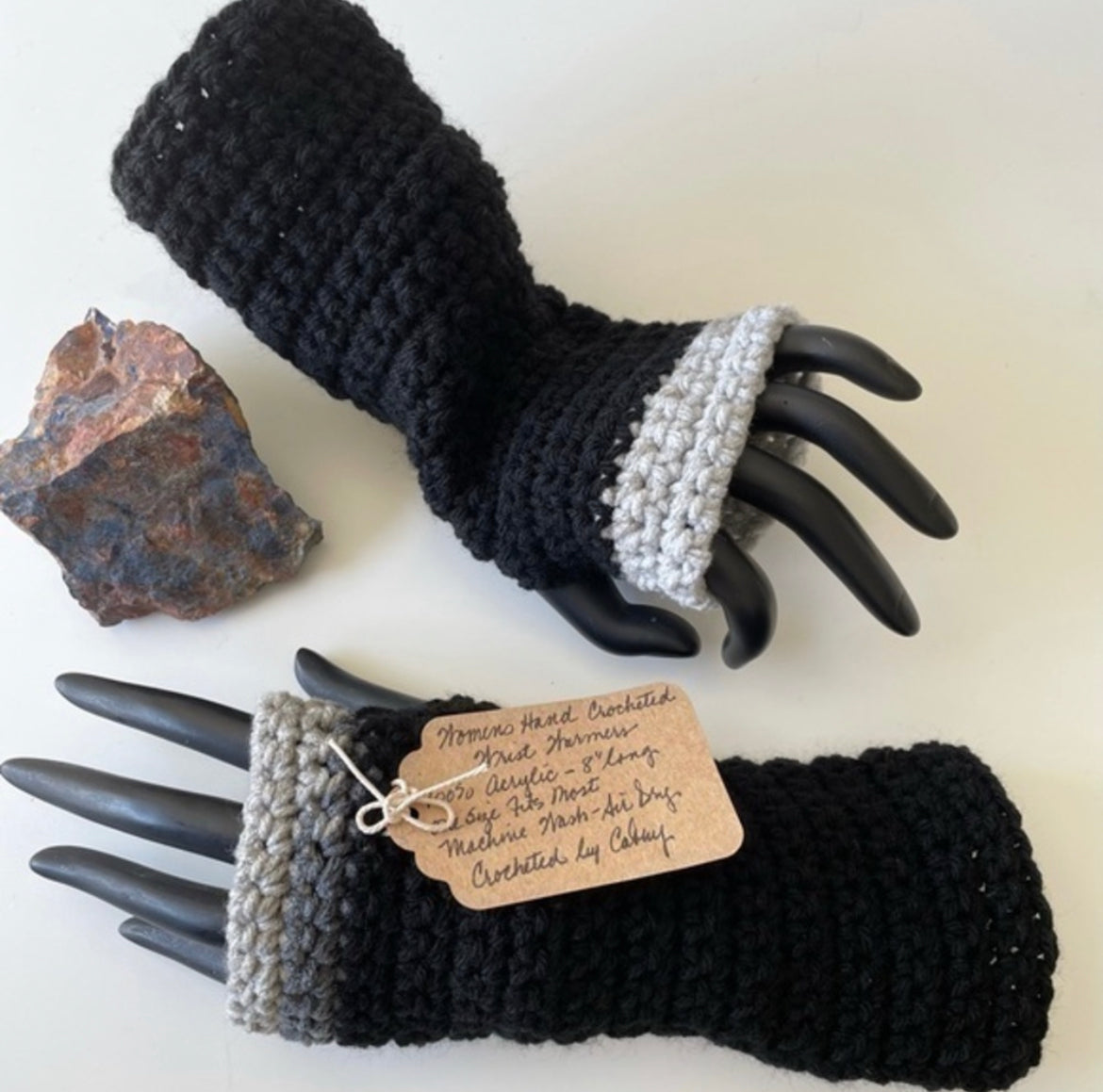 Texting Tech Wrist Warmers Solid Black & Multi Tone Grey Trimmed Palm Crochet Knit Fall Winter Writing Gaming Fingerless Gloves