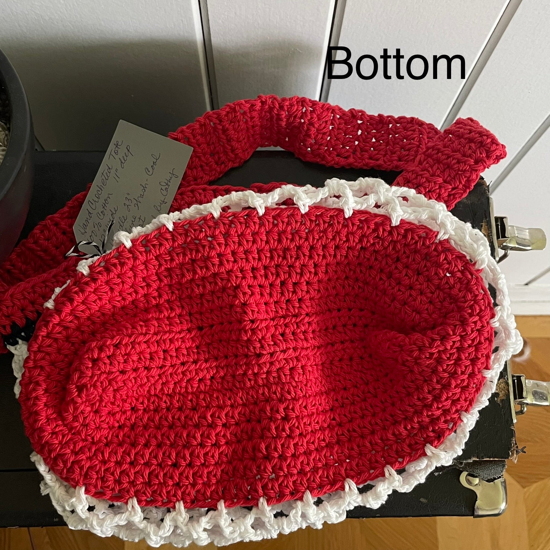 Navy Blue White Red Bottom Tote Bag Purse Cotton Reusable Boho Multicolor Hand Crocheted Knit Coastal Resort Beach