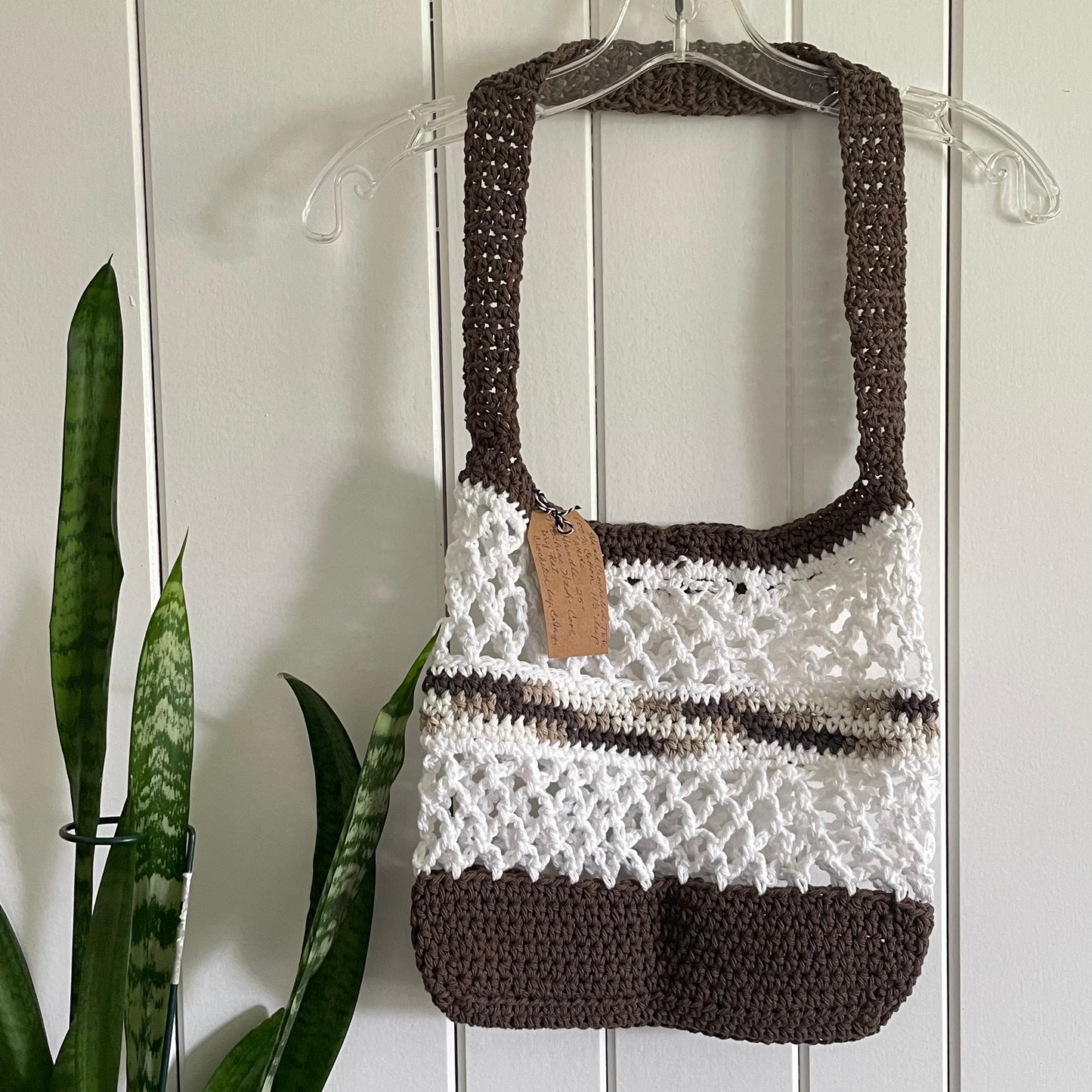 Brown & White Tote Bag Purse Cotton Reusable Boho Multicolor Hand Crocheted Knit Coastal Resort Beach