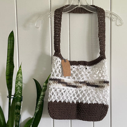 Brown & White Tote Bag Purse Cotton Reusable Boho Multicolor Hand Crocheted Knit Coastal Resort Beach
