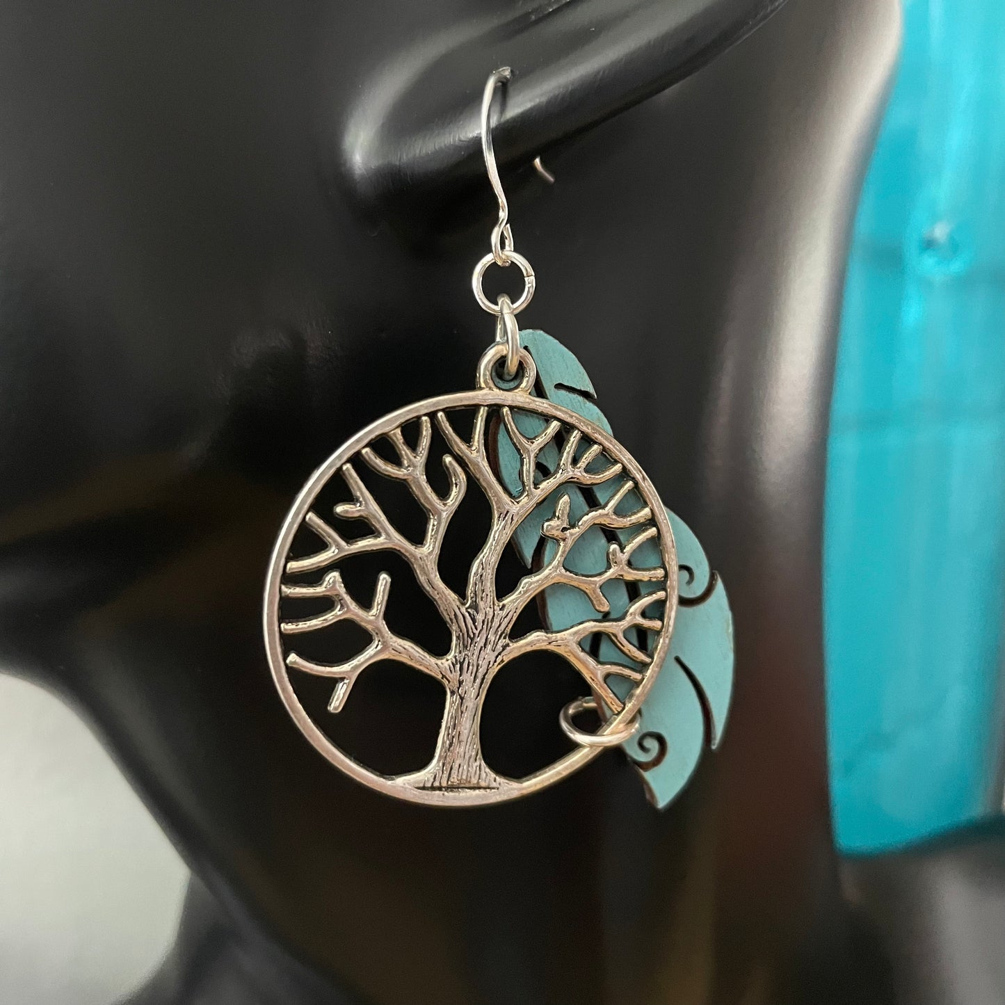 Antiqued Tree of Life & Hand Stained Turquoise Wood Feather Earrings 2.25” Boho Mixed Metal