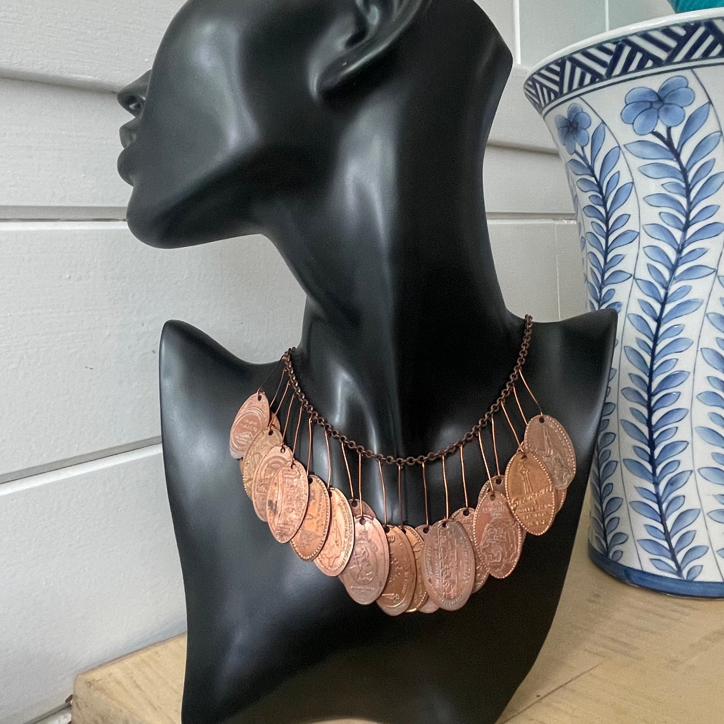 Unique Dangling Flattened Penny Statement Necklace 16.75" Drama Avant Garde Upcycled Industrial