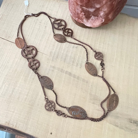 Long Flattened Penny Gear & Copper Chain Statement Necklace 28" Layered Upcycled Steampunk