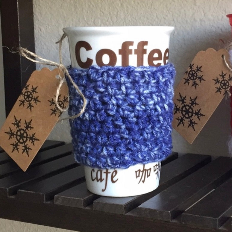 Marbled Blue Single Cup Coffee Tea Cozy Crochet Drink Sleeve Reusable Recycle Koozie Accessory