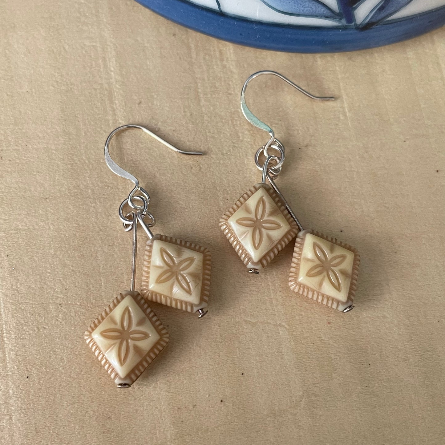 Cream & Tan Acrylic Earrings 1.75" Lightweight Double Flower Coastal Resort Floral Hand Crafted