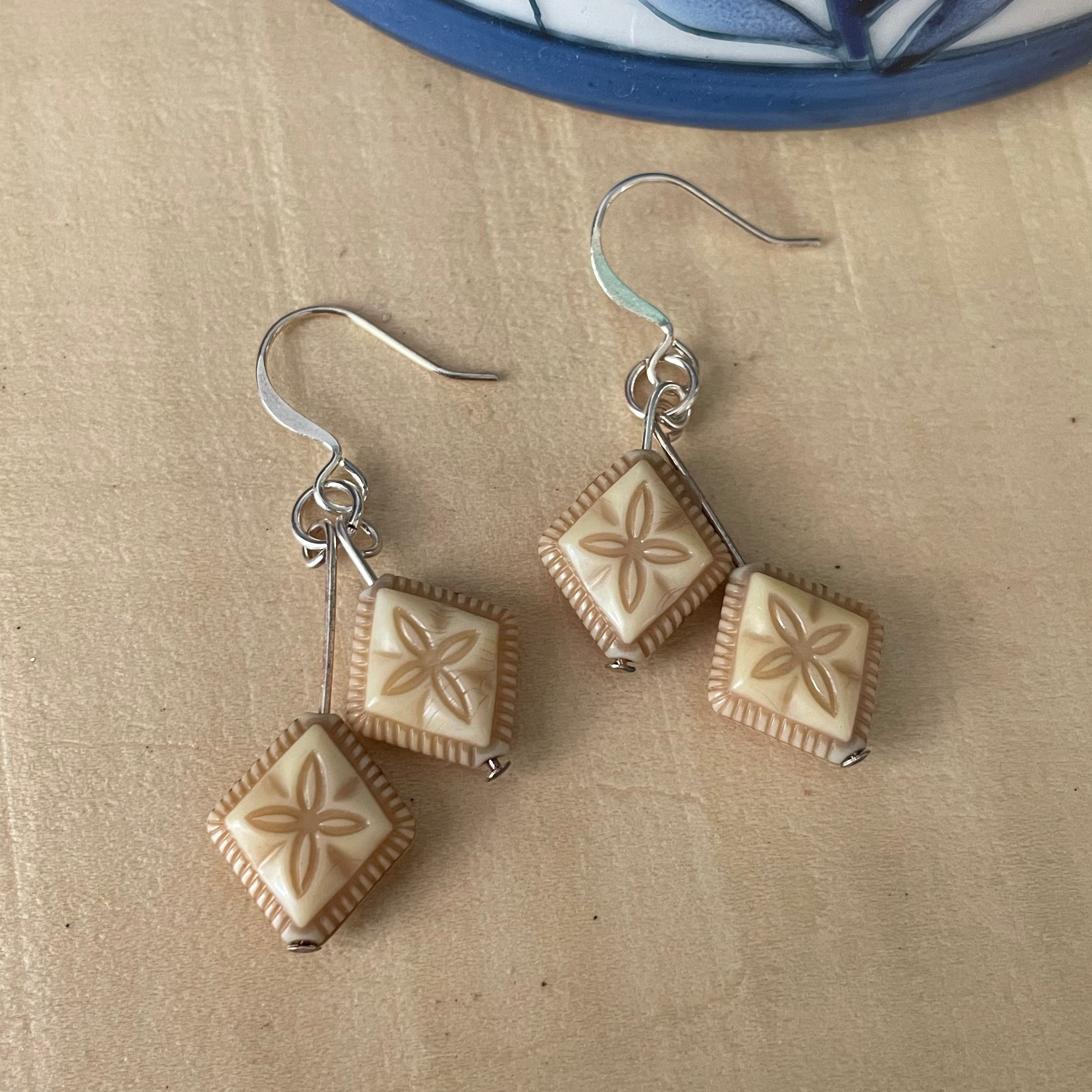 Cream & Tan Acrylic Earrings 1.75" Lightweight Double Flower Coastal Resort Floral Hand Crafted
