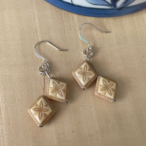 Cream & Tan Acrylic Earrings 1.75" Lightweight Double Flower Coastal Resort Floral Hand Crafted