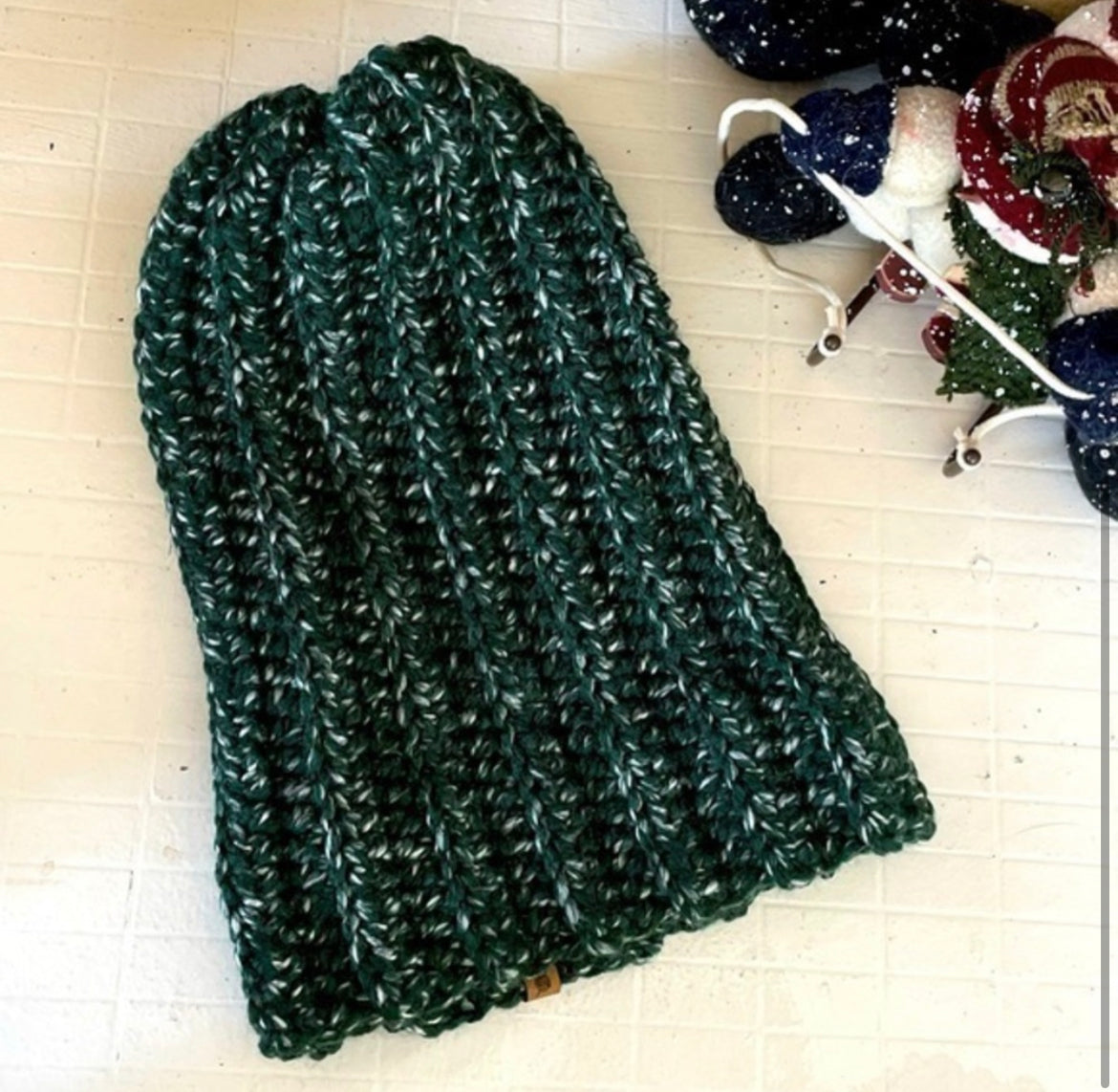 Extra Warm Ribbed Cable Knit Hat Forest Green & White Marbled Hand Crocheted Beanie 21" Winter Unisex Outdoor Stretch Adjustable Cuff