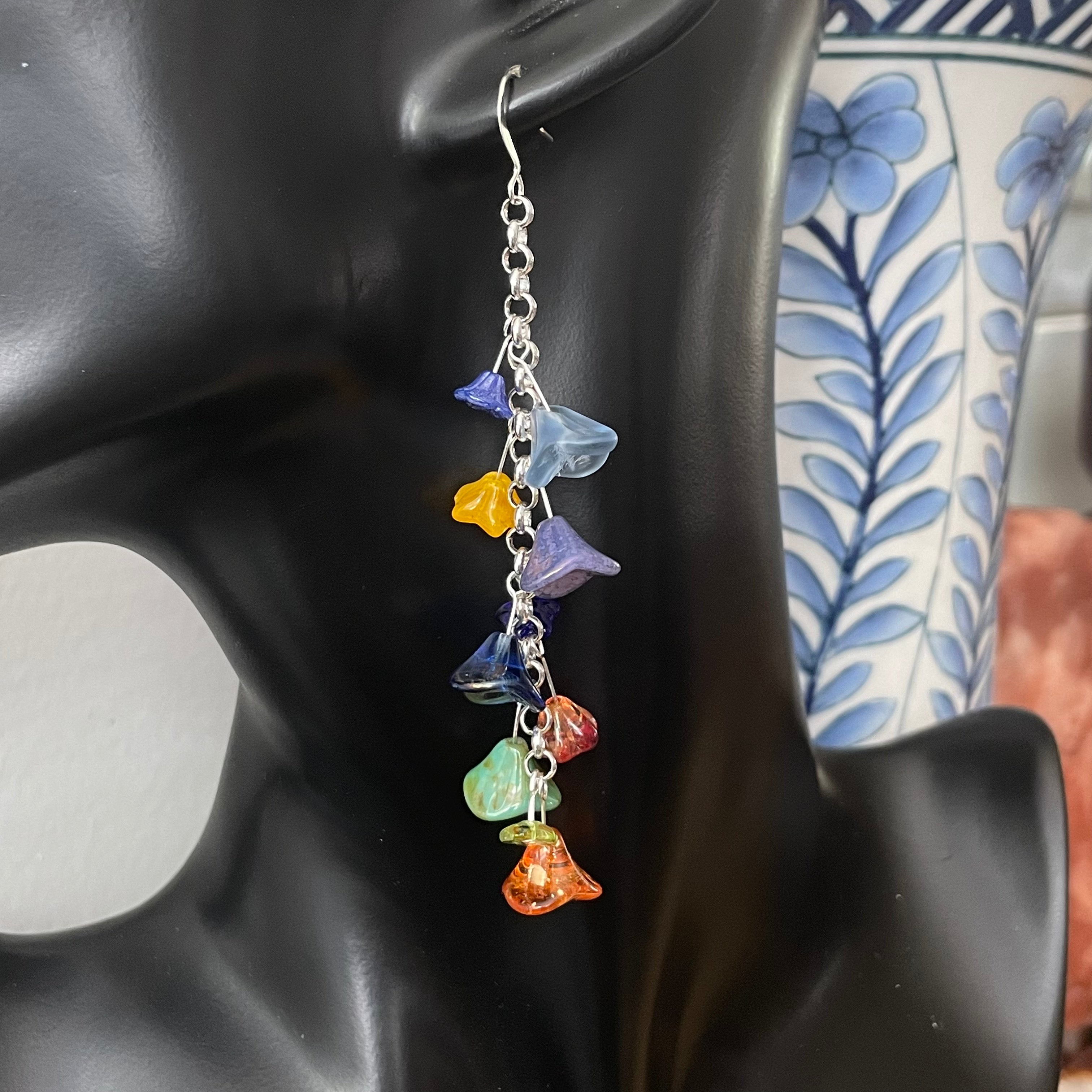 Long Colorful Glass Flower & Chunky Chain Dangle Earrings 3.75" Spring Summer Floral Women Gift Everyday Fashion Handmade Jewelry