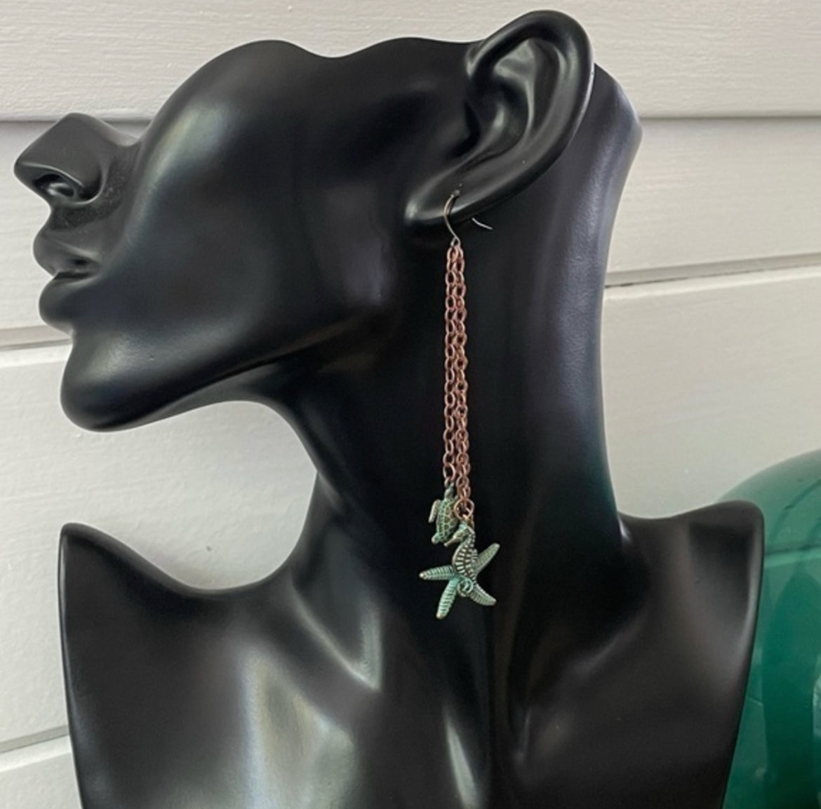 Long Mixed Metal Antiqued Brass Copper Dangle Statement Earrings 4” Turtle Starfish Seahorse Rustic Coastal Vacation