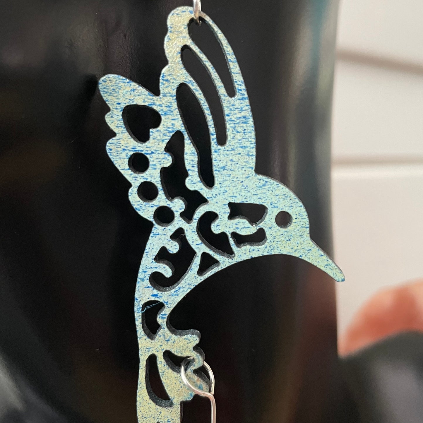 Hand Painted Hummingbird & Pink Glass Flower Statement Earrings 4" Multicolored Marbled Stamped Wood Blue Green