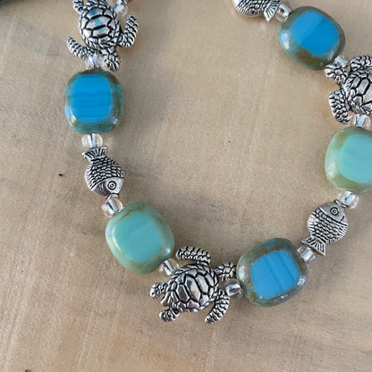 Turtle & Fish Chunky Bracelet 7.5" Geometric Blue Green Glass Beads Mixed Metal Coastal Resort Ocean Sea