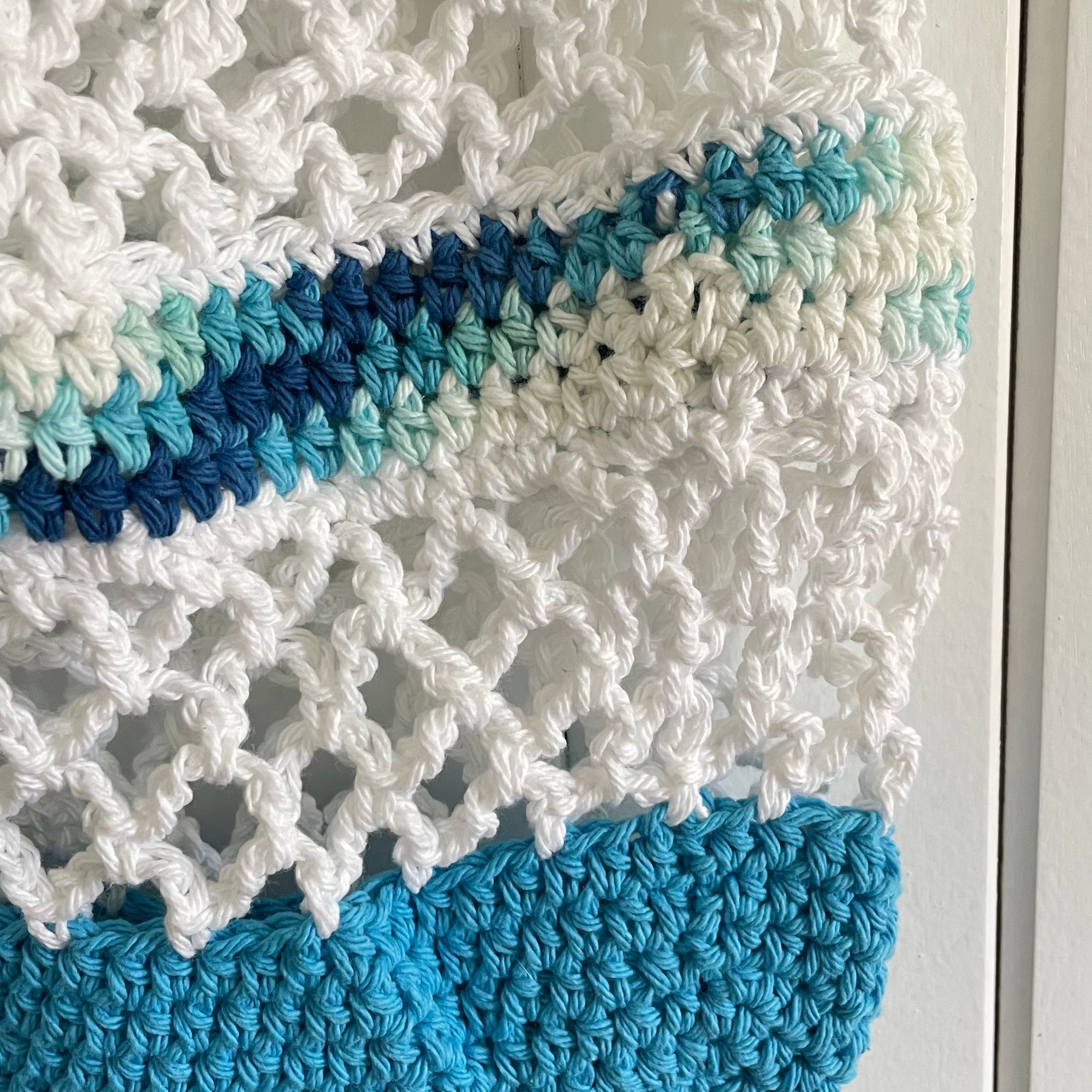 Ocean Waters Blue White Tote Shoulder Bag Purse Cotton Reusable Boho Multicolor Hand Crocheted Knit Coastal Resort