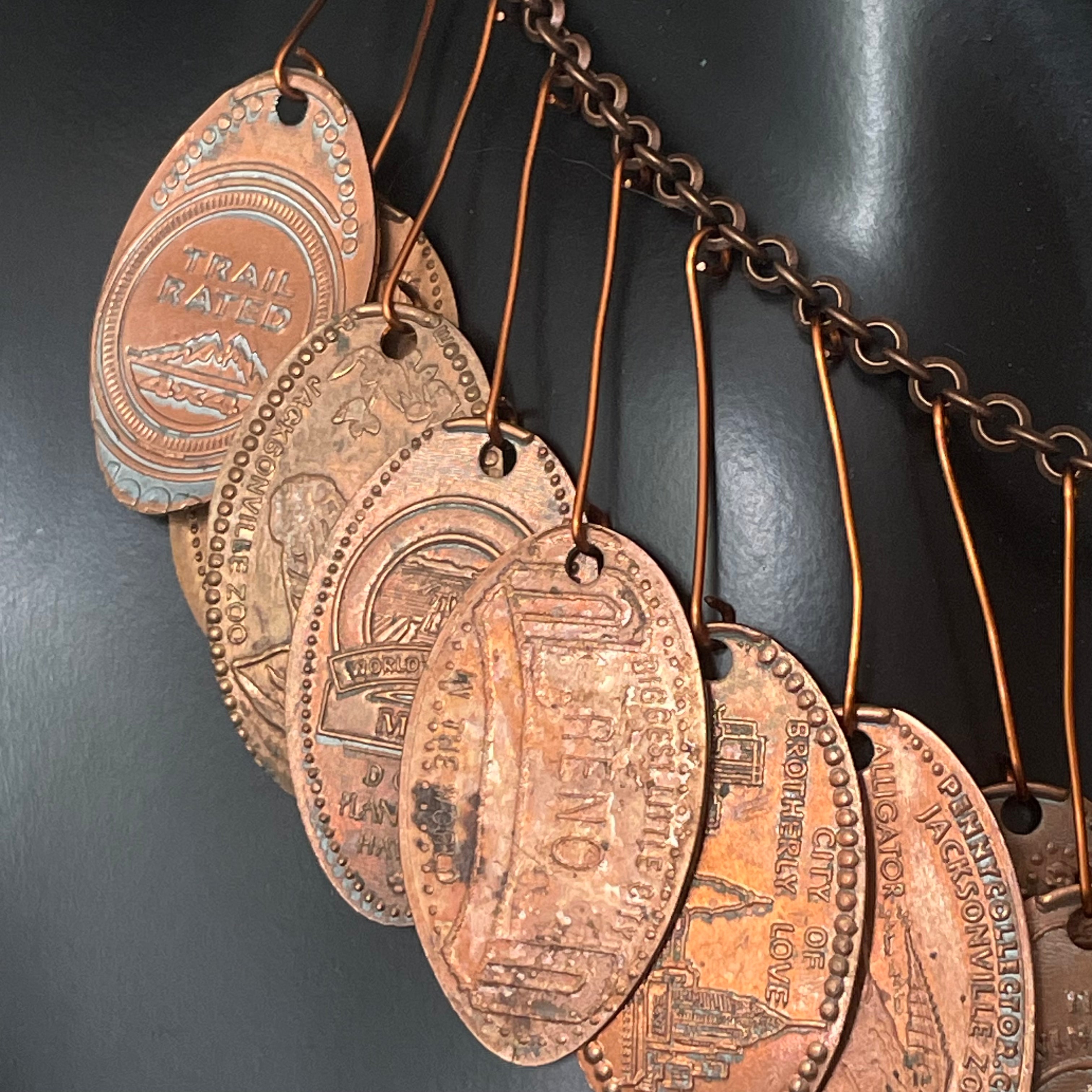 Unique Dangling Flattened Penny Statement Necklace 16.75" Drama Avant Garde Upcycled Industrial
