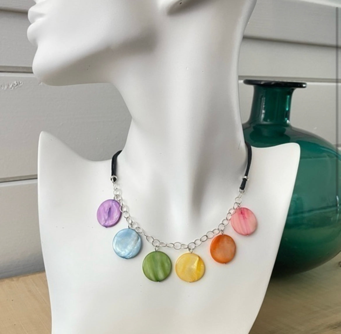 Iridescent Pastel Dangling Shell Necklace 16.5" Rainbow Pride LGBT Ally Double Black Cord Chain Hand Crafted