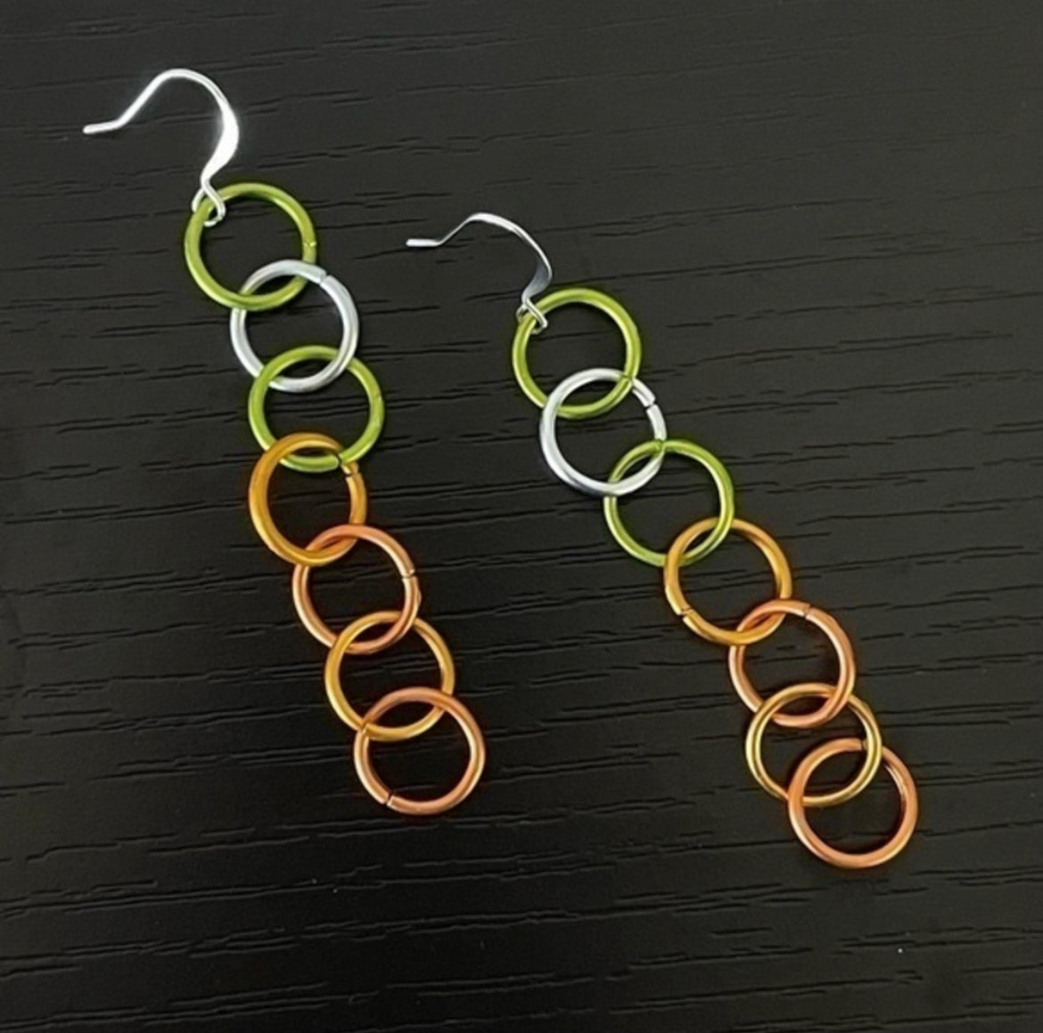 Multicolor Chain Link Earrings 3.12” Lightweight Mixed Metal Green Orange Minimalist