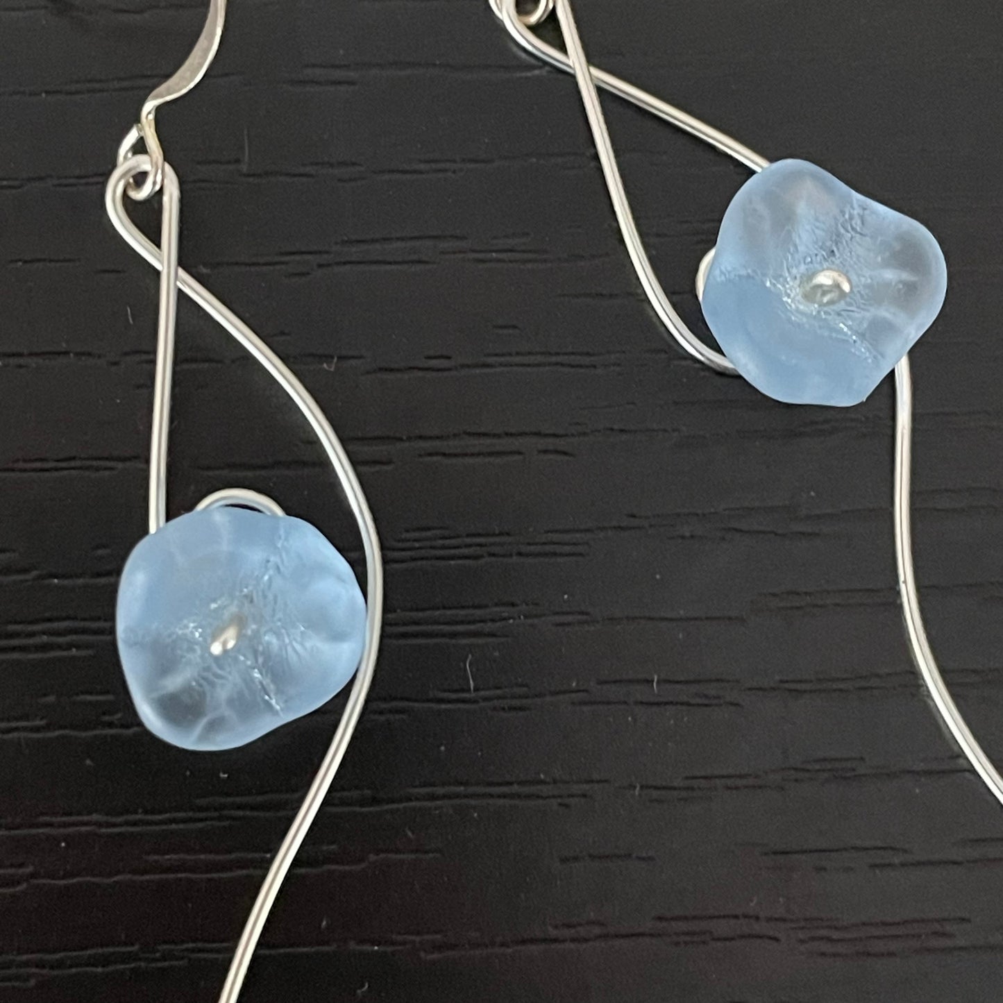 Long Pastel Blue Czech Glass Flower & Hand Curved Wire Dangle Earrings 3.5" Romantic Floral Handmade