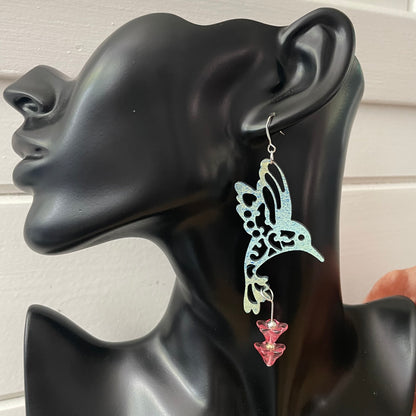 Hand Painted Hummingbird & Pink Glass Flower Statement Earrings 4" Multicolored Marbled Stamped Wood Blue Green