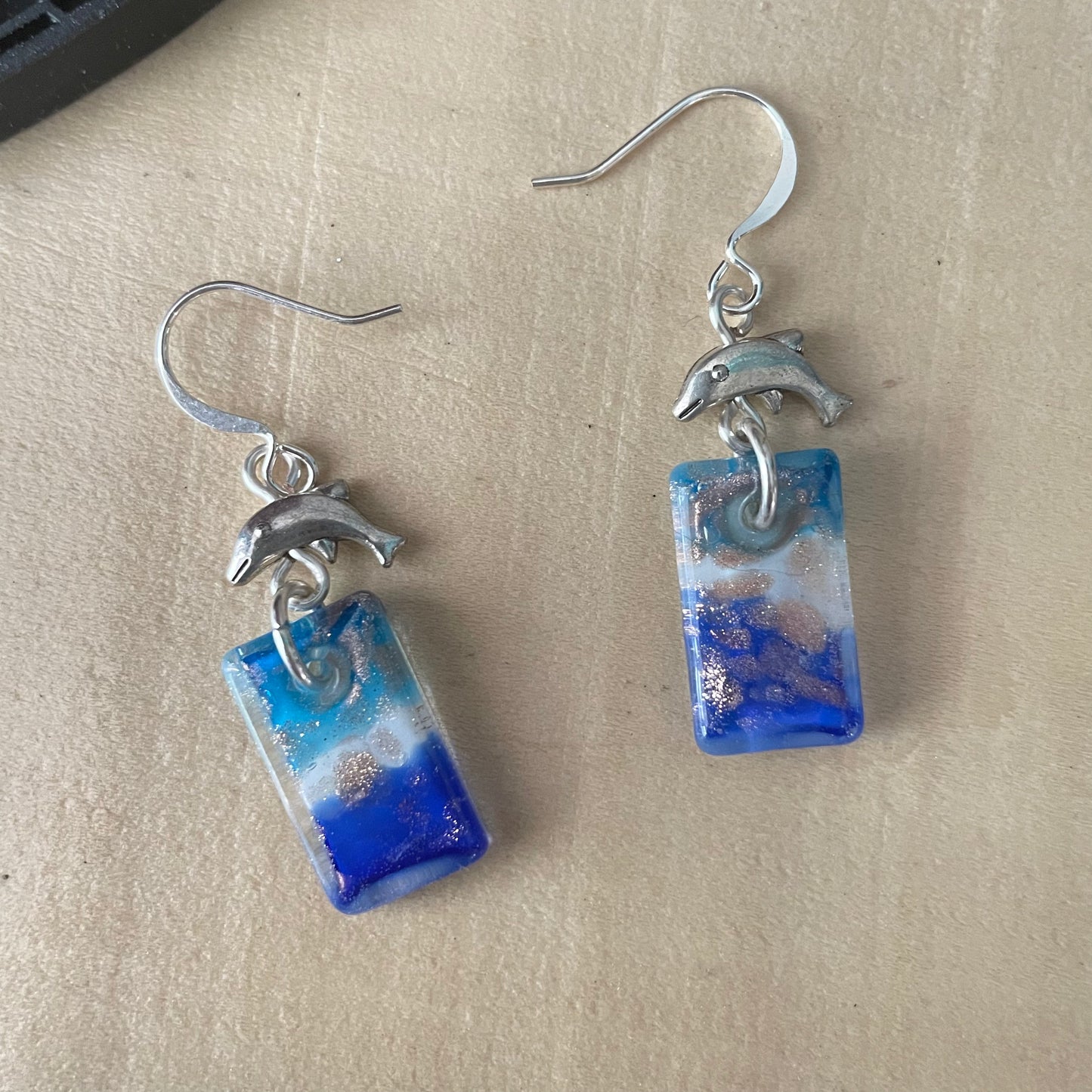 Mini Dolphin & Blue Swirl Glass Earrings 1.5" Coastal Ocean Sea