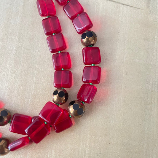 Faceted Metallic Black Glass & Red Glass Layered Bracelet 7"