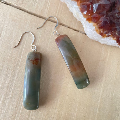 Long Marbled Jasper Dangle Earrings 2" Green & Orange Fall Colors Women Gift Everyday Fashion Handmade Jewelry